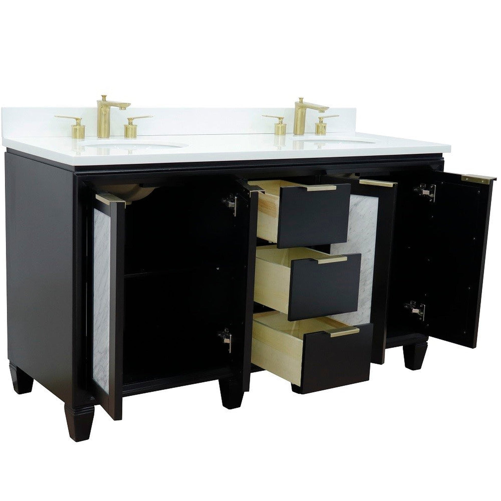 Bellaterra Home Trento 61" 4-Door 3-Drawer Black Freestanding Vanity Set With Ceramic Double Undermount Oval Sink and White Quartz Top