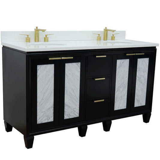 Bellaterra Home Trento 61" 4-Door 3-Drawer Black Freestanding Vanity Set With Ceramic Double Undermount Oval Sink and White Quartz Top