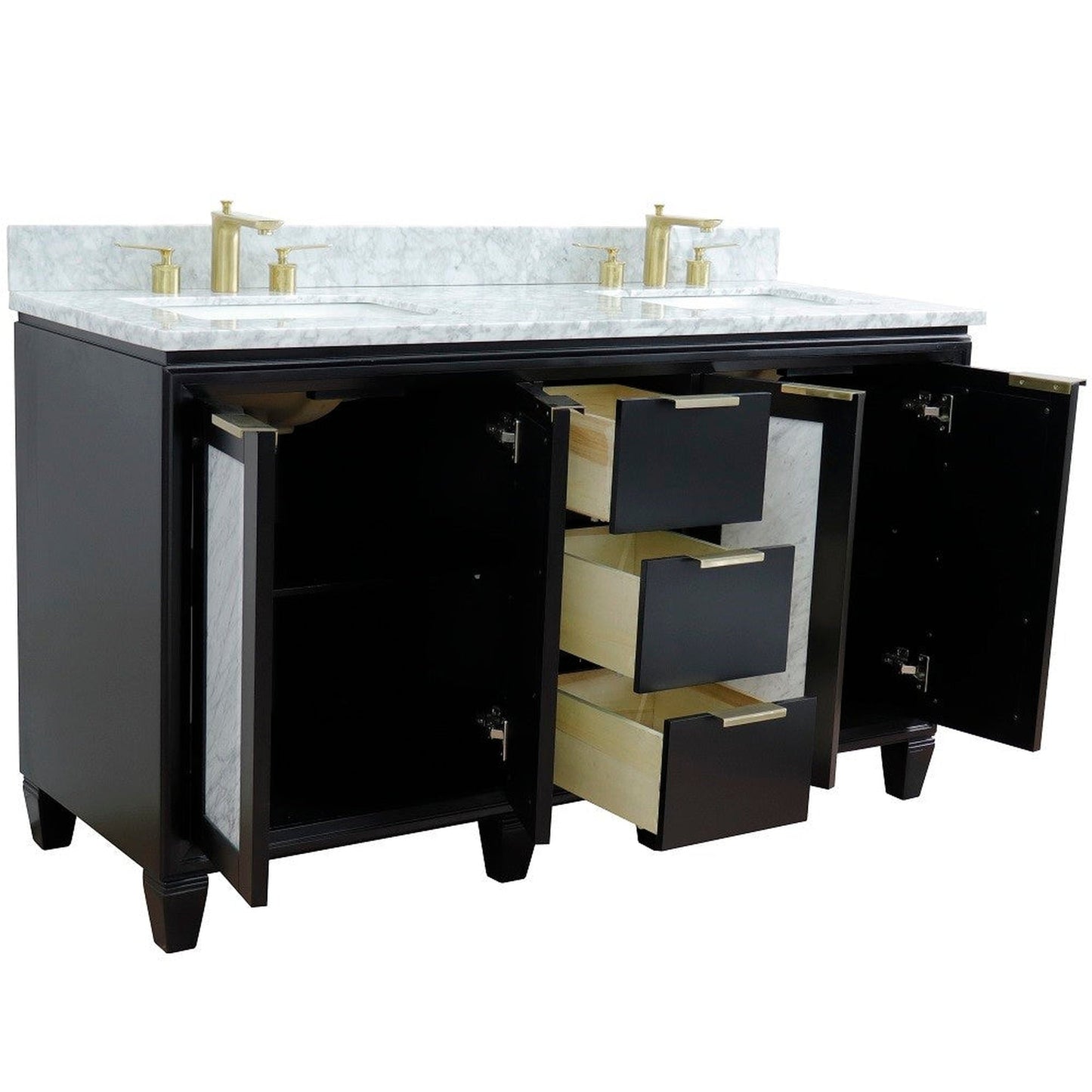 Bellaterra Home Trento 61" 4-Door 3-Drawer Black Freestanding Vanity Set With Ceramic Double Undermount Rectangular Sink and White Carrara Marble Top