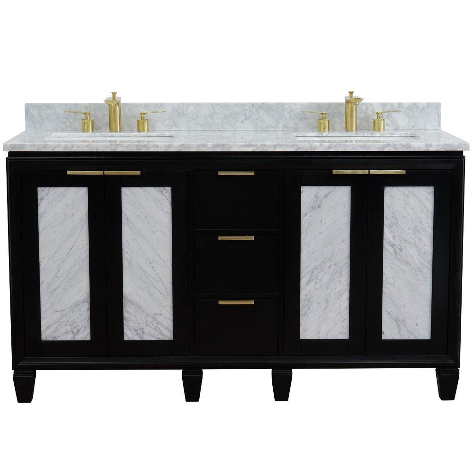 Bellaterra Home Trento 61" 4-Door 3-Drawer Black Freestanding Vanity Set With Ceramic Double Undermount Rectangular Sink and White Carrara Marble Top