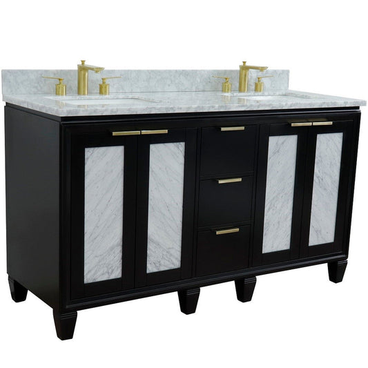 Bellaterra Home Trento 61" 4-Door 3-Drawer Black Freestanding Vanity Set With Ceramic Double Undermount Rectangular Sink and White Carrara Marble Top