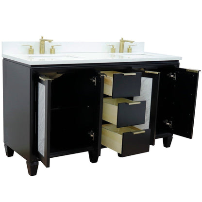 Bellaterra Home Trento 61" 4-Door 3-Drawer Black Freestanding Vanity Set With Ceramic Double Undermount Rectangular Sink and White Quartz Top