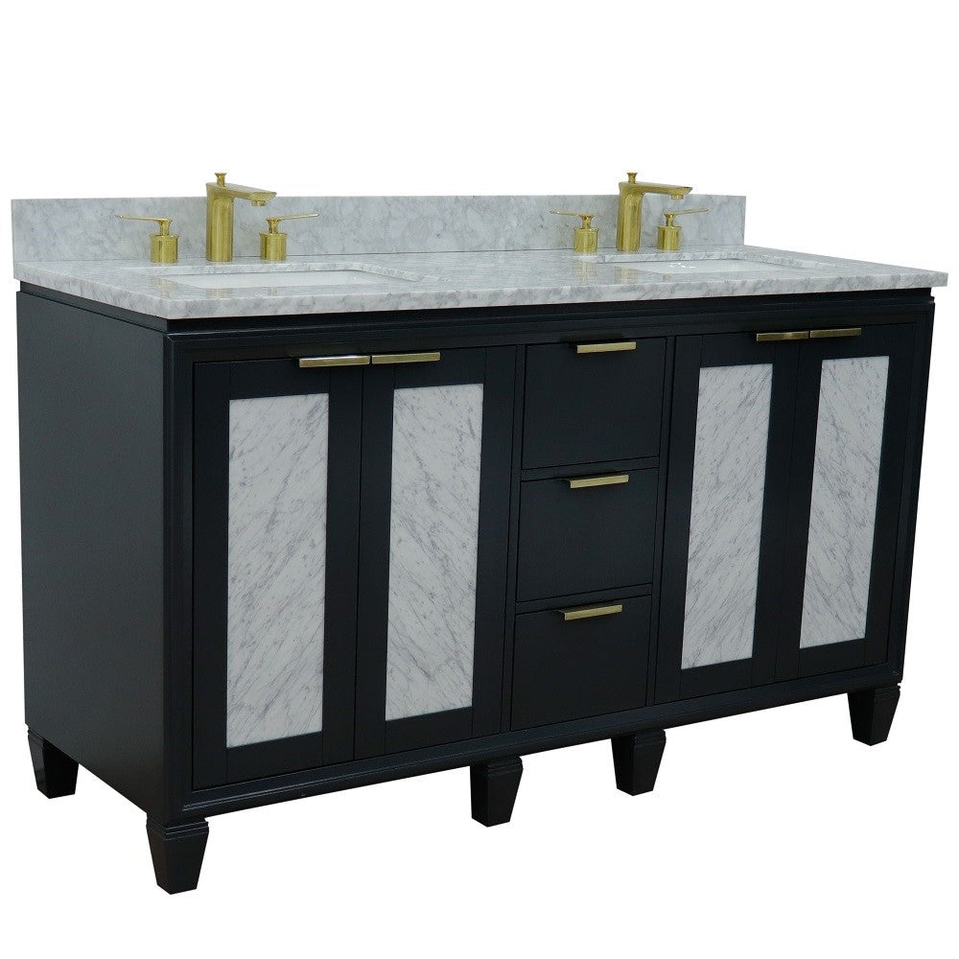 Bellaterra Home Trento 61" 4-Door 3-Drawer Dark Gray Freestanding Vanity Set With Ceramic Double Undermount Rectangular Sink and White Carrara Marble Top