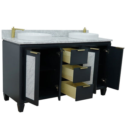 Bellaterra Home Trento 61" 4-Door 3-Drawer Dark Gray Freestanding Vanity Set With Ceramic Double Vessel Sink and White Carrara Marble Top