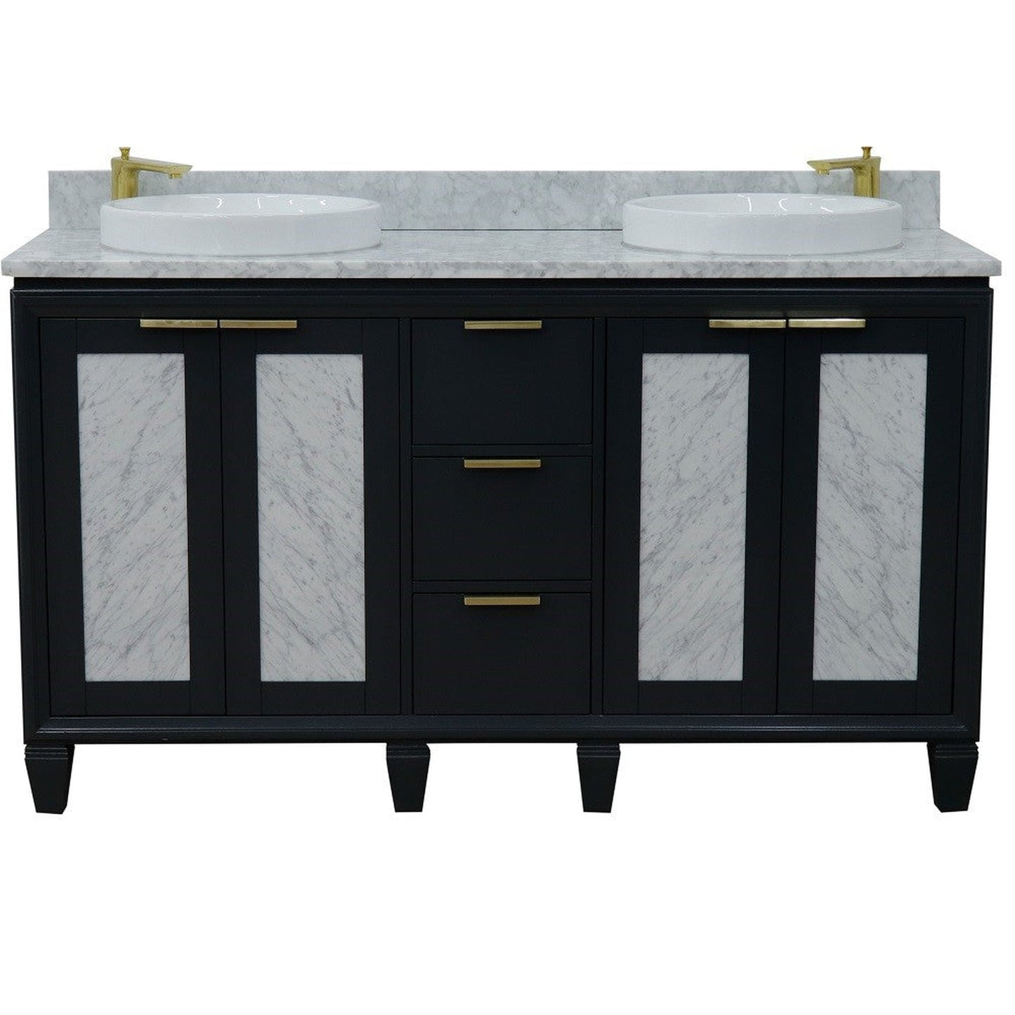 Bellaterra Home Trento 61" 4-Door 3-Drawer Dark Gray Freestanding Vanity Set With Ceramic Double Vessel Sink and White Carrara Marble Top