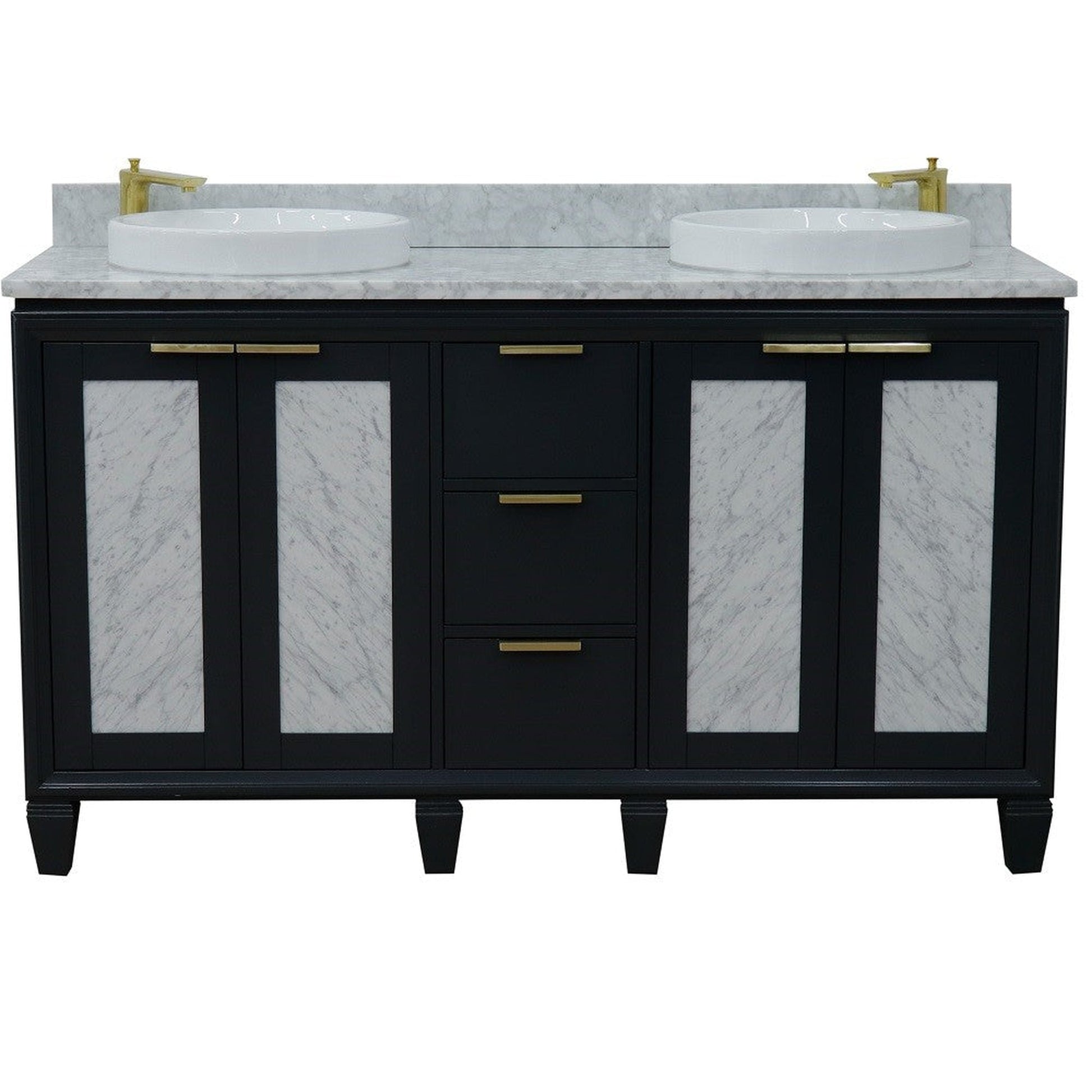 Bellaterra Home Trento 61" 4-Door 3-Drawer Dark Gray Freestanding Vanity Set With Ceramic Double Vessel Sink and White Carrara Marble Top