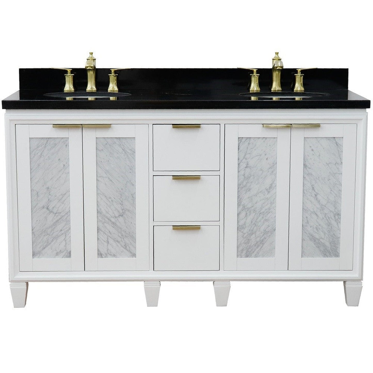 Bellaterra Home Trento 61" 4-Door 3-Drawer White Freestanding Vanity Set With Ceramic Double Undermount Oval Sink and Black Galaxy Granite Top