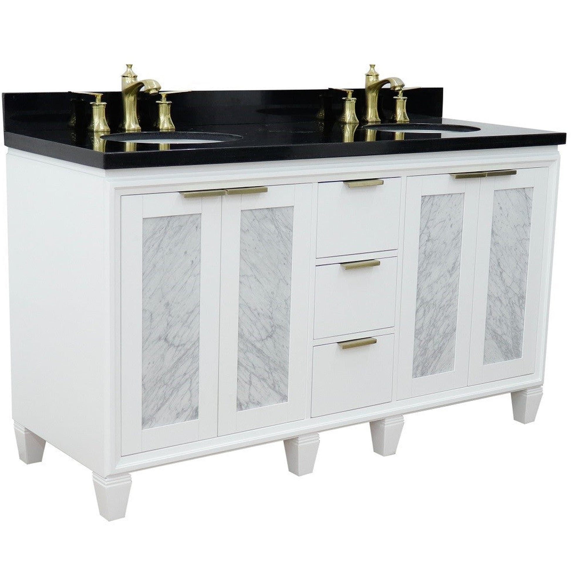 Bellaterra Home Trento 61" 4-Door 3-Drawer White Freestanding Vanity Set With Ceramic Double Undermount Oval Sink and Black Galaxy Granite Top