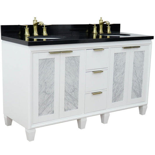 Bellaterra Home Trento 61" 4-Door 3-Drawer White Freestanding Vanity Set With Ceramic Double Undermount Oval Sink and Black Galaxy Granite Top