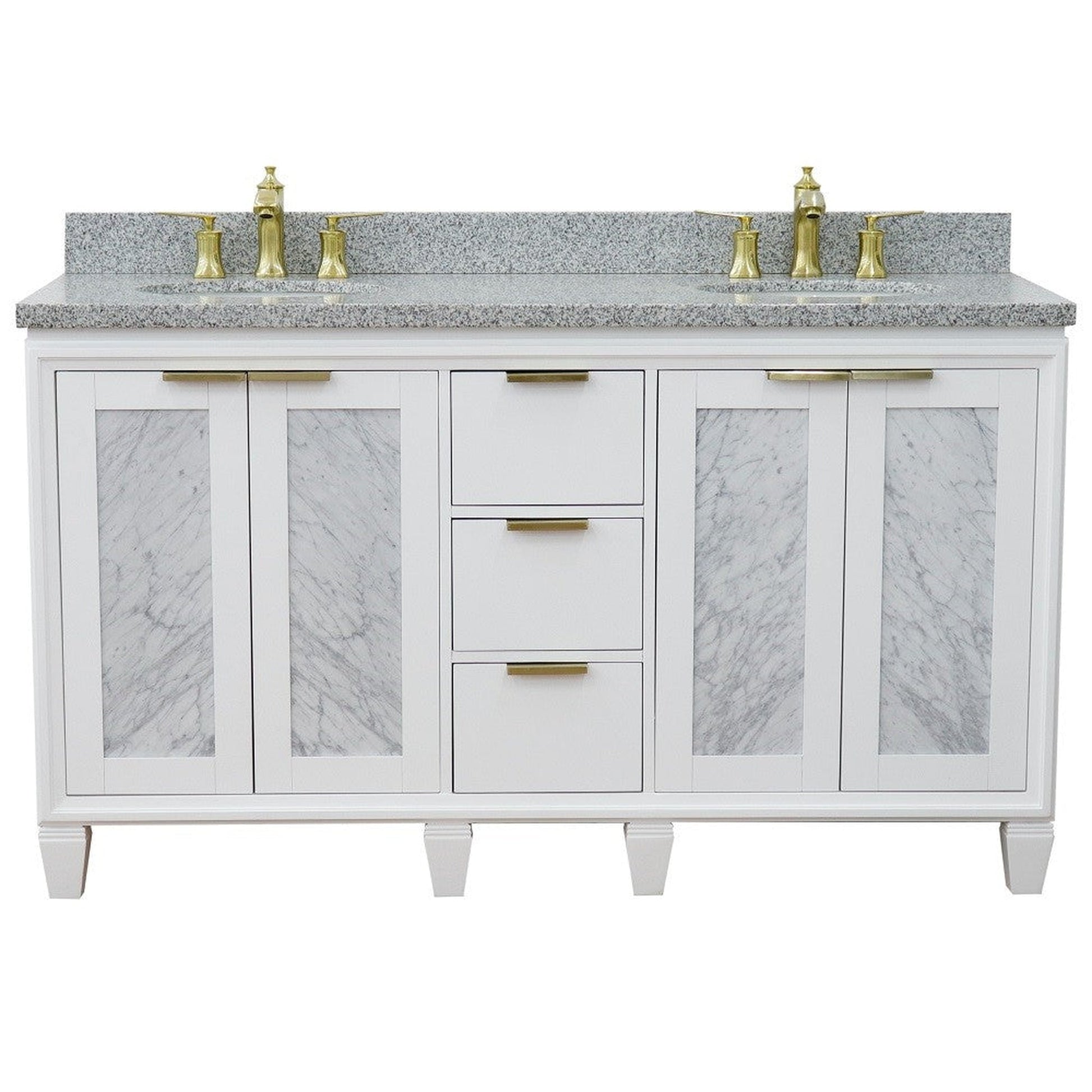 Bellaterra Home Trento 61" 4-Door 3-Drawer White Freestanding Vanity Set With Ceramic Double Undermount Oval Sink and Gray Granite Top