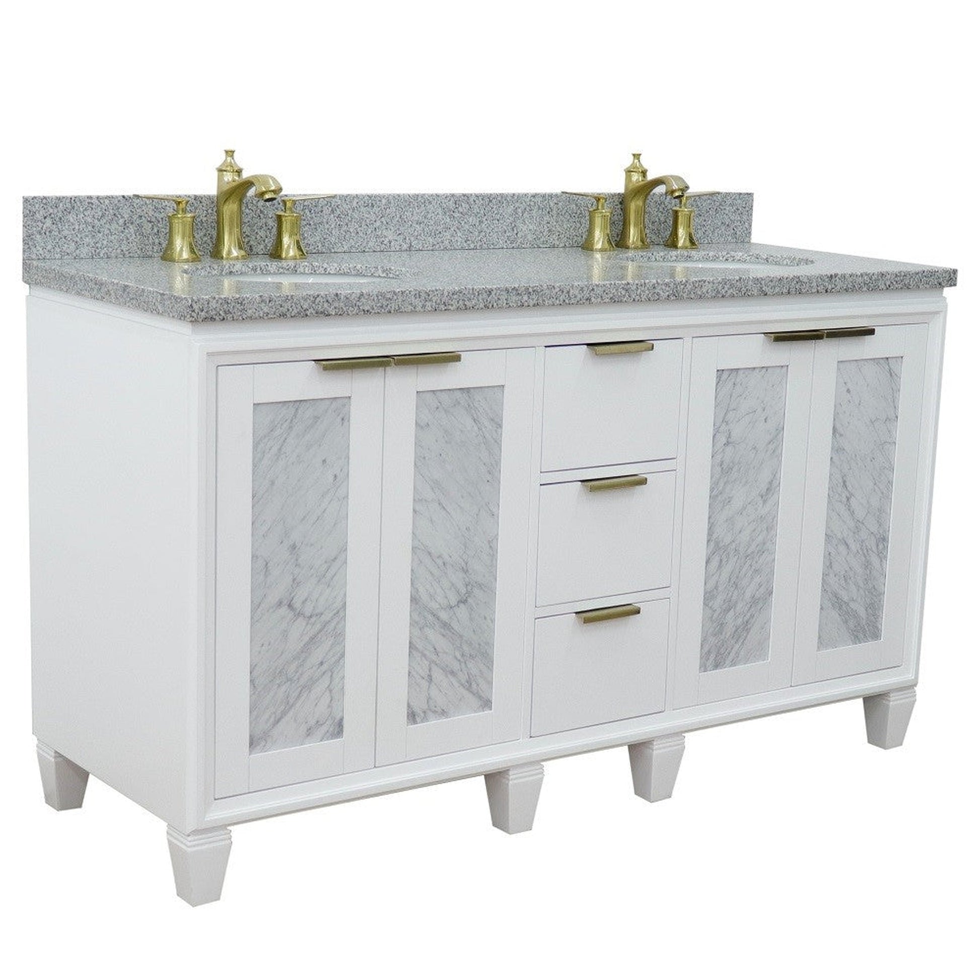 Bellaterra Home Trento 61" 4-Door 3-Drawer White Freestanding Vanity Set With Ceramic Double Undermount Oval Sink and Gray Granite Top