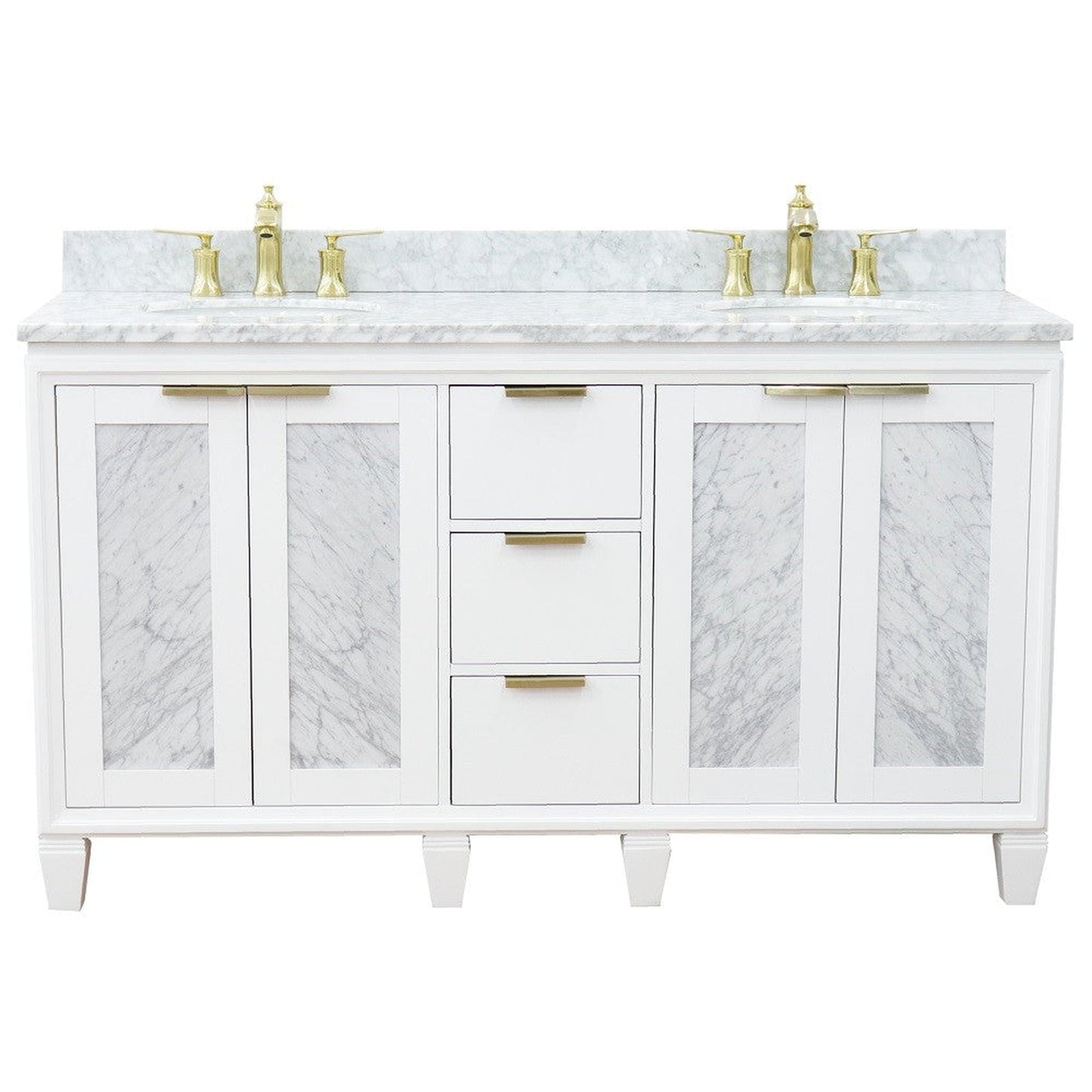 Bellaterra Home Trento 61" 4-Door 3-Drawer White Freestanding Vanity Set With Ceramic Double Undermount Oval Sink and White Carrara Marble Top