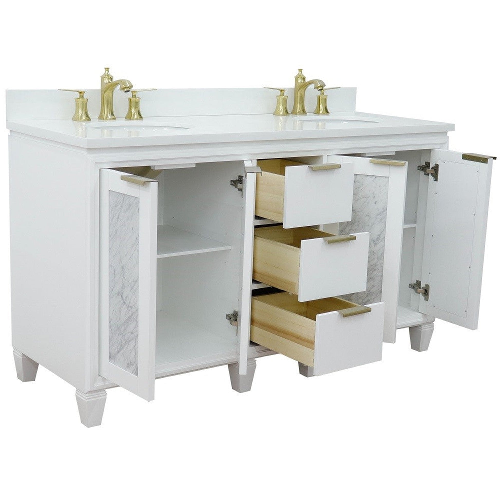 Bellaterra Home Trento 61" 4-Door 3-Drawer White Freestanding Vanity Set With Ceramic Double Undermount Oval Sink and White Quartz Top