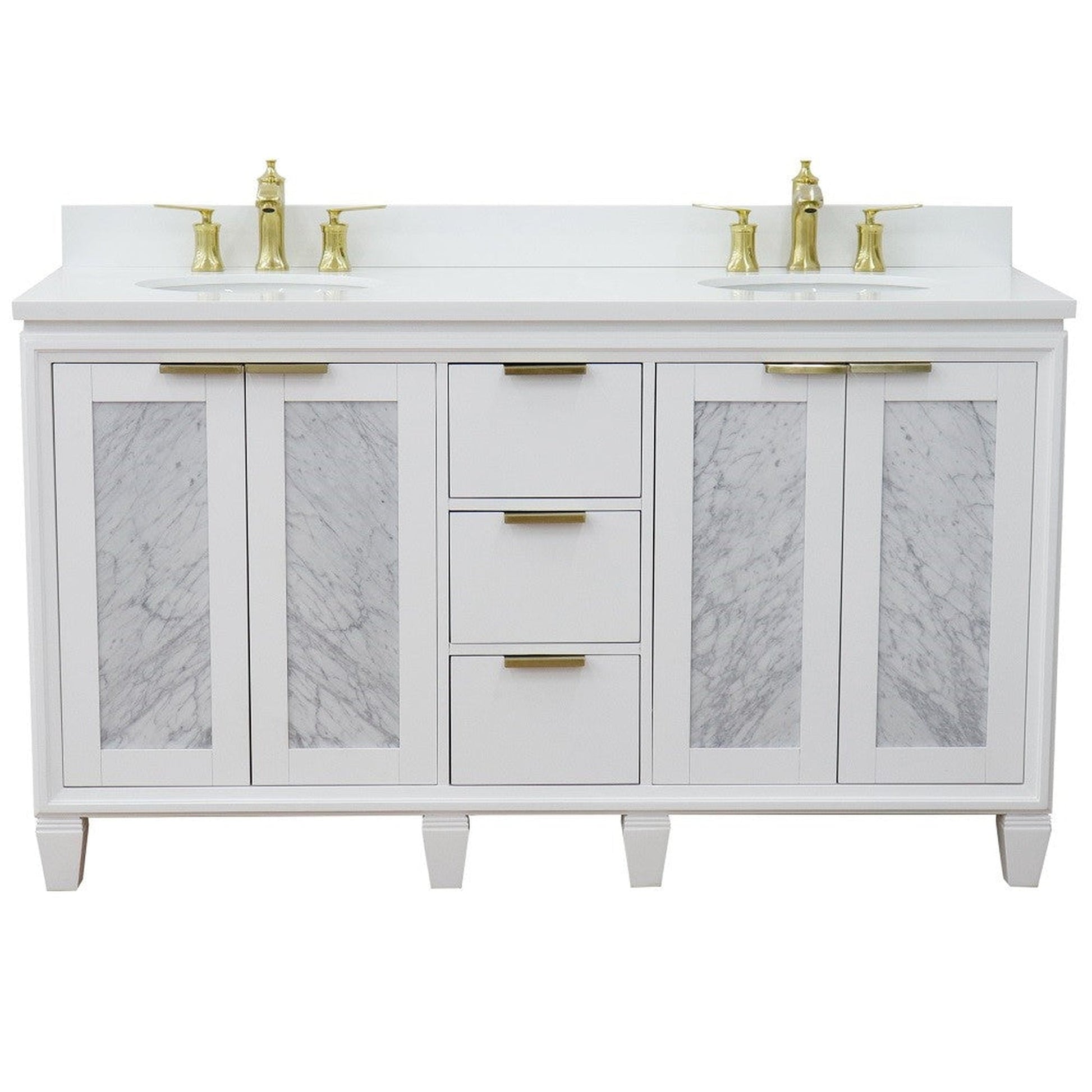 Bellaterra Home Trento 61" 4-Door 3-Drawer White Freestanding Vanity Set With Ceramic Double Undermount Oval Sink and White Quartz Top