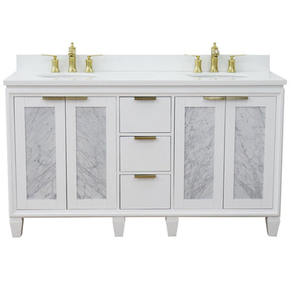Bellaterra Home Trento 61" 4-Door 3-Drawer White Freestanding Vanity Set With Ceramic Double Undermount Oval Sink and White Quartz Top