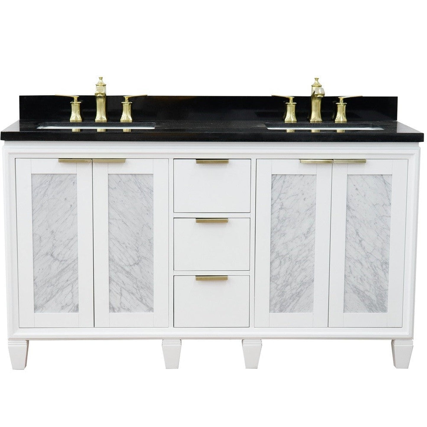 Bellaterra Home Trento 61" 4-Door 3-Drawer White Freestanding Vanity Set With Ceramic Double Undermount Rectangular Sink and Black Galaxy Granite Top