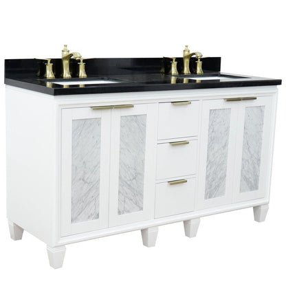 Bellaterra Home Trento 61" 4-Door 3-Drawer White Freestanding Vanity Set With Ceramic Double Undermount Rectangular Sink and Black Galaxy Granite Top