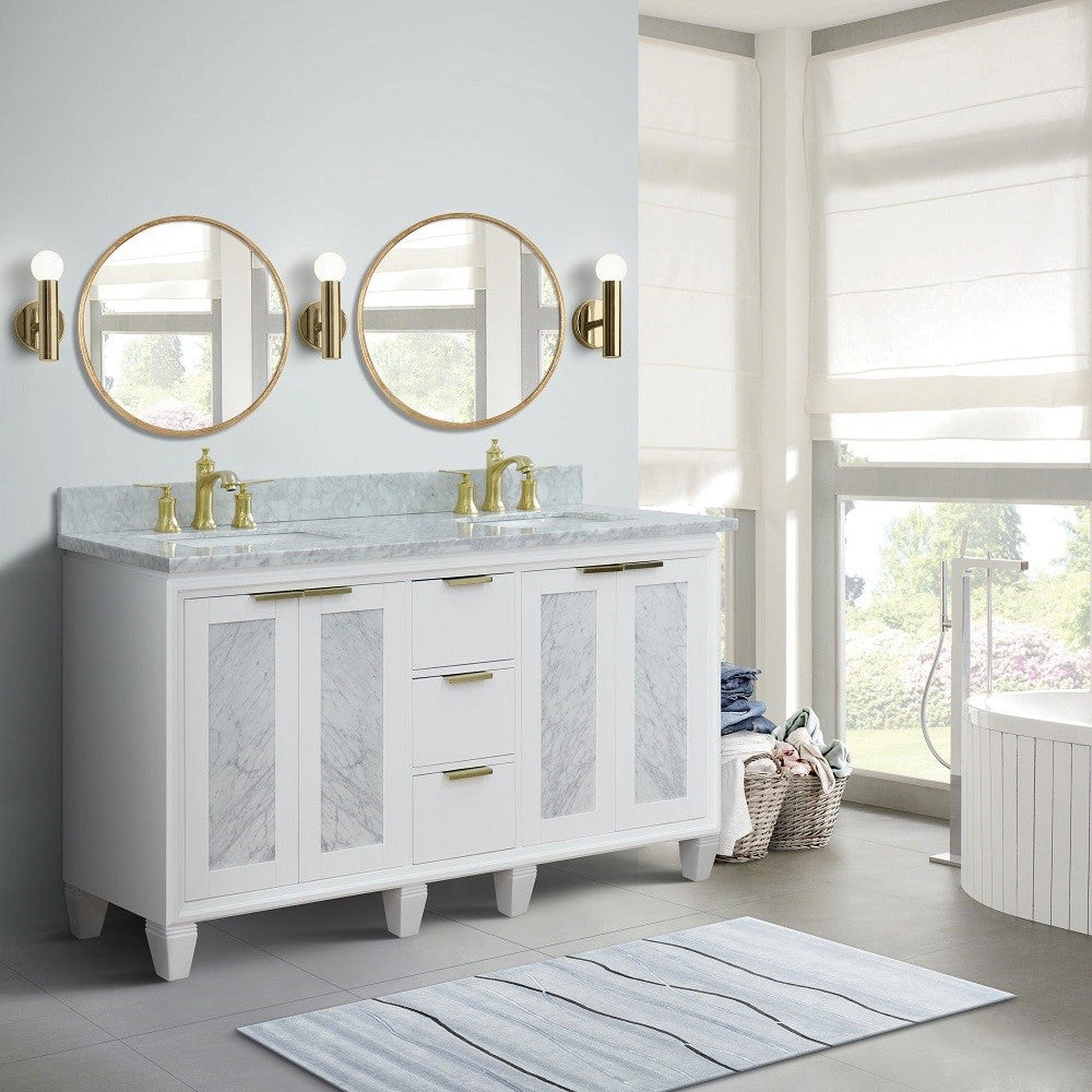 Bellaterra Home Trento 61" 4-Door 3-Drawer White Freestanding Vanity Set With Ceramic Double Undermount Rectangular Sink and White Carrara Marble Top