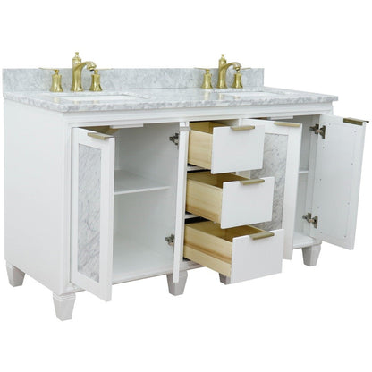 Bellaterra Home Trento 61" 4-Door 3-Drawer White Freestanding Vanity Set With Ceramic Double Undermount Rectangular Sink and White Carrara Marble Top