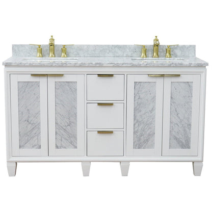 Bellaterra Home Trento 61" 4-Door 3-Drawer White Freestanding Vanity Set With Ceramic Double Undermount Rectangular Sink and White Carrara Marble Top