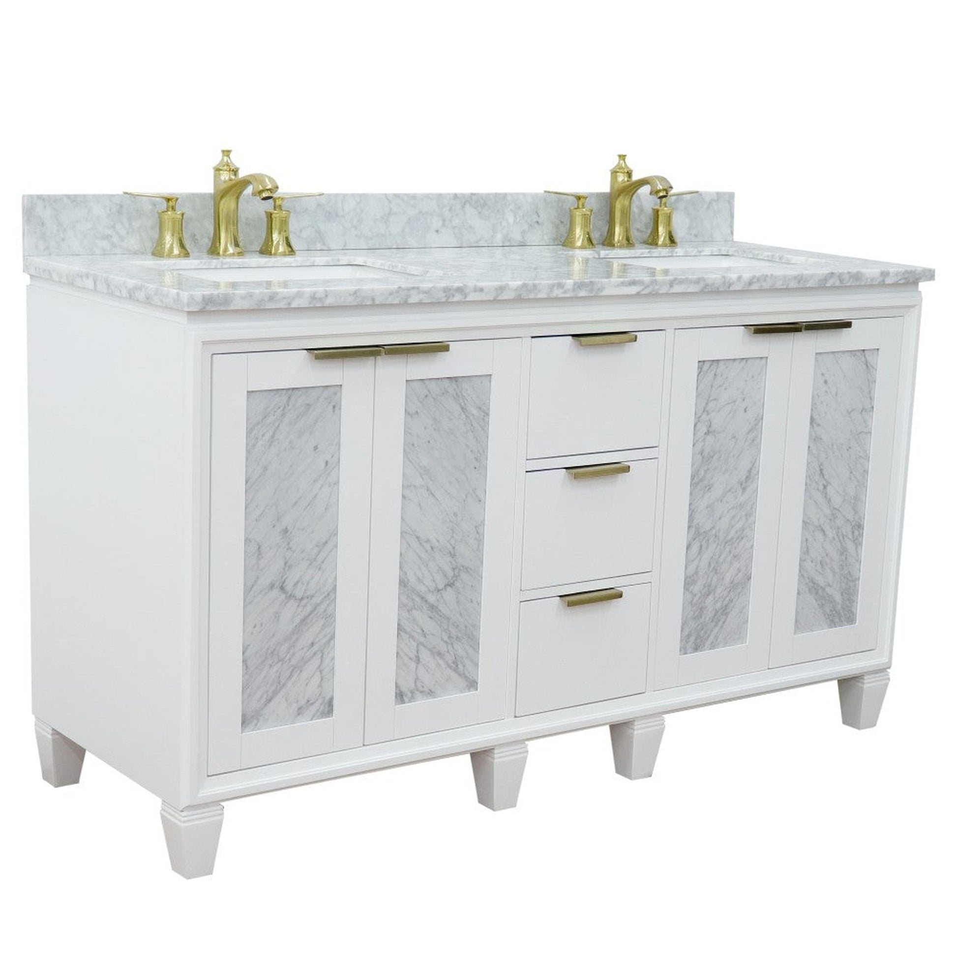 Bellaterra Home Trento 61" 4-Door 3-Drawer White Freestanding Vanity Set With Ceramic Double Undermount Rectangular Sink and White Carrara Marble Top