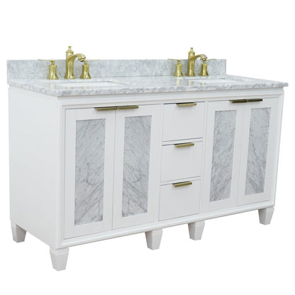 Bellaterra Home Trento 61" 4-Door 3-Drawer White Freestanding Vanity Set With Ceramic Double Undermount Rectangular Sink and White Carrara Marble Top