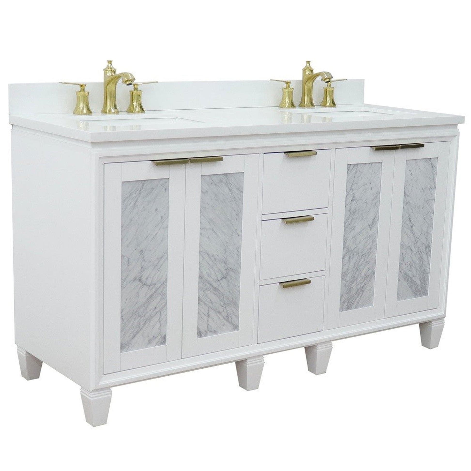 Bellaterra Home Trento 61" 4-Door 3-Drawer White Freestanding Vanity Set With Ceramic Double Undermount Rectangular Sink and White Quartz Top