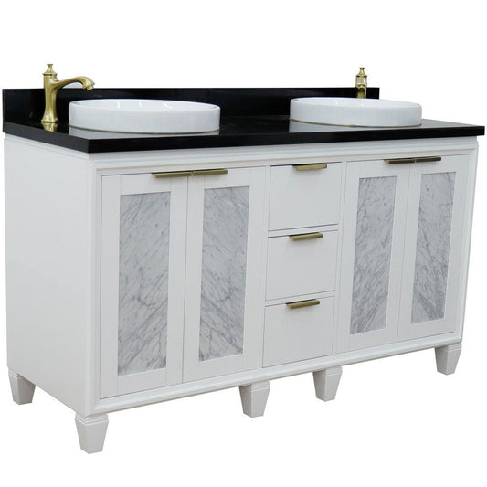 Bellaterra Home Trento 61" 4-Door 3-Drawer White Freestanding Vanity Set With Ceramic Double Vessel Sink and Black Galaxy Granite Top