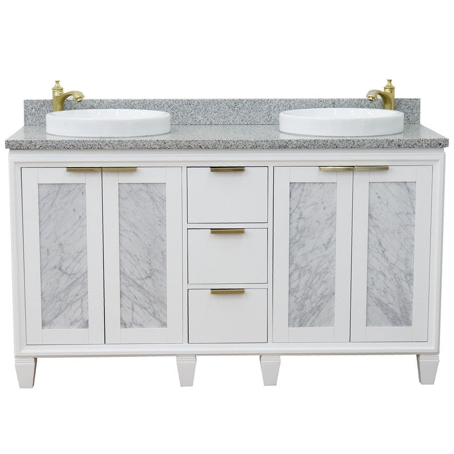 Bellaterra Home Trento 61" 4-Door 3-Drawer White Freestanding Vanity Set With Ceramic Double Vessel Sink and Gray Granite Top