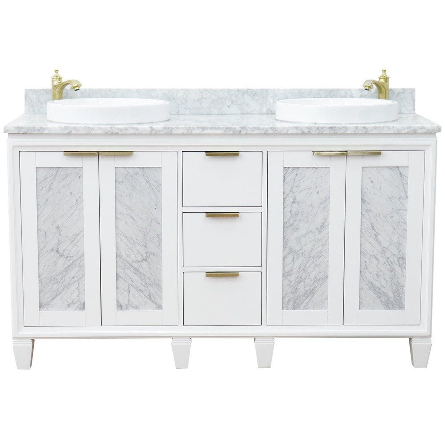 Bellaterra Home Trento 61" 4-Door 3-Drawer White Freestanding Vanity Set With Ceramic Double Vessel Sink and White Carrara Marble Top