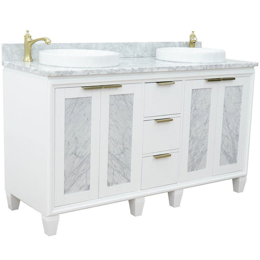 Bellaterra Home Trento 61" 4-Door 3-Drawer White Freestanding Vanity Set With Ceramic Double Vessel Sink and White Carrara Marble Top