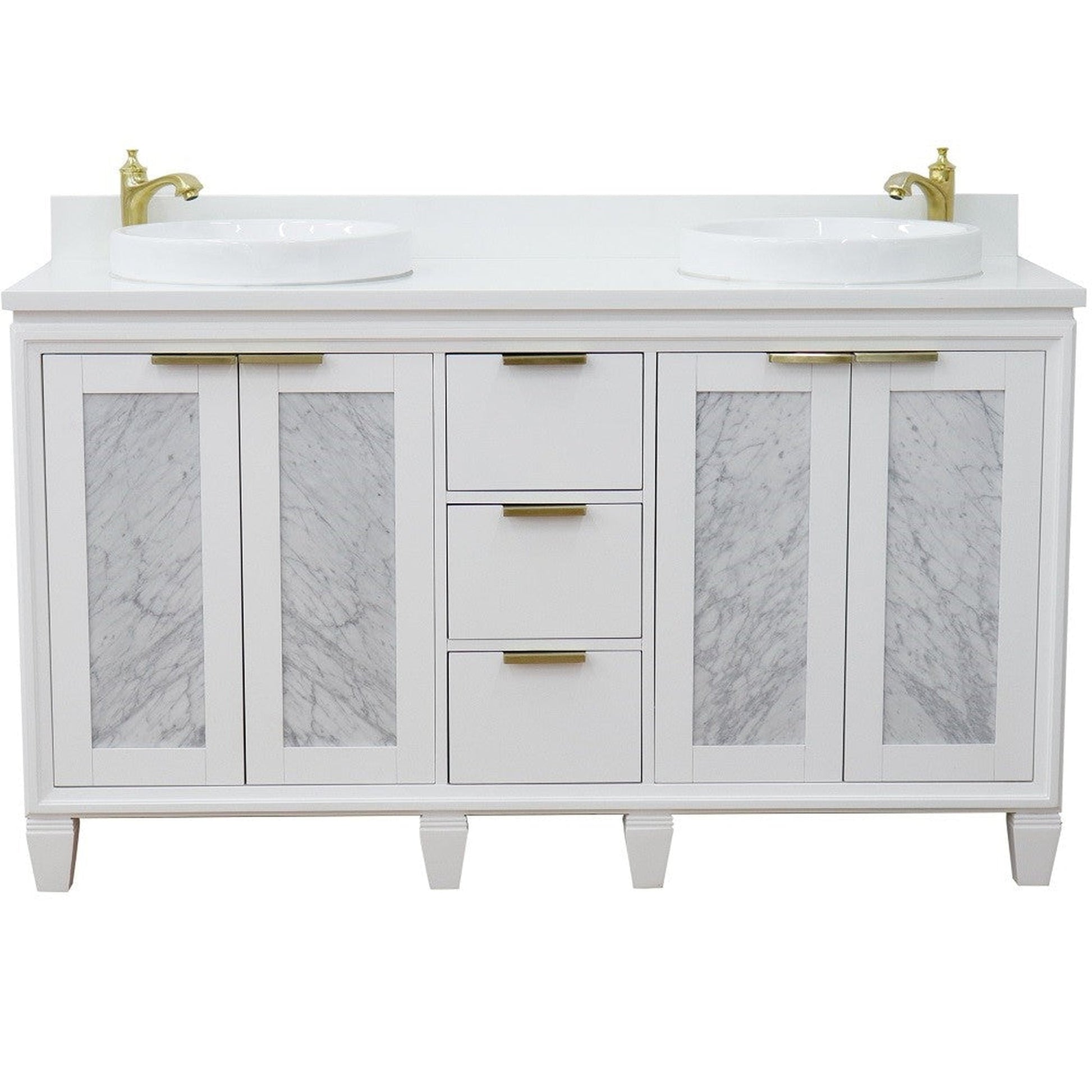 Bellaterra Home Trento 61" 4-Door 3-Drawer White Freestanding Vanity Set With Ceramic Double Vessel Sink and White Quartz Top