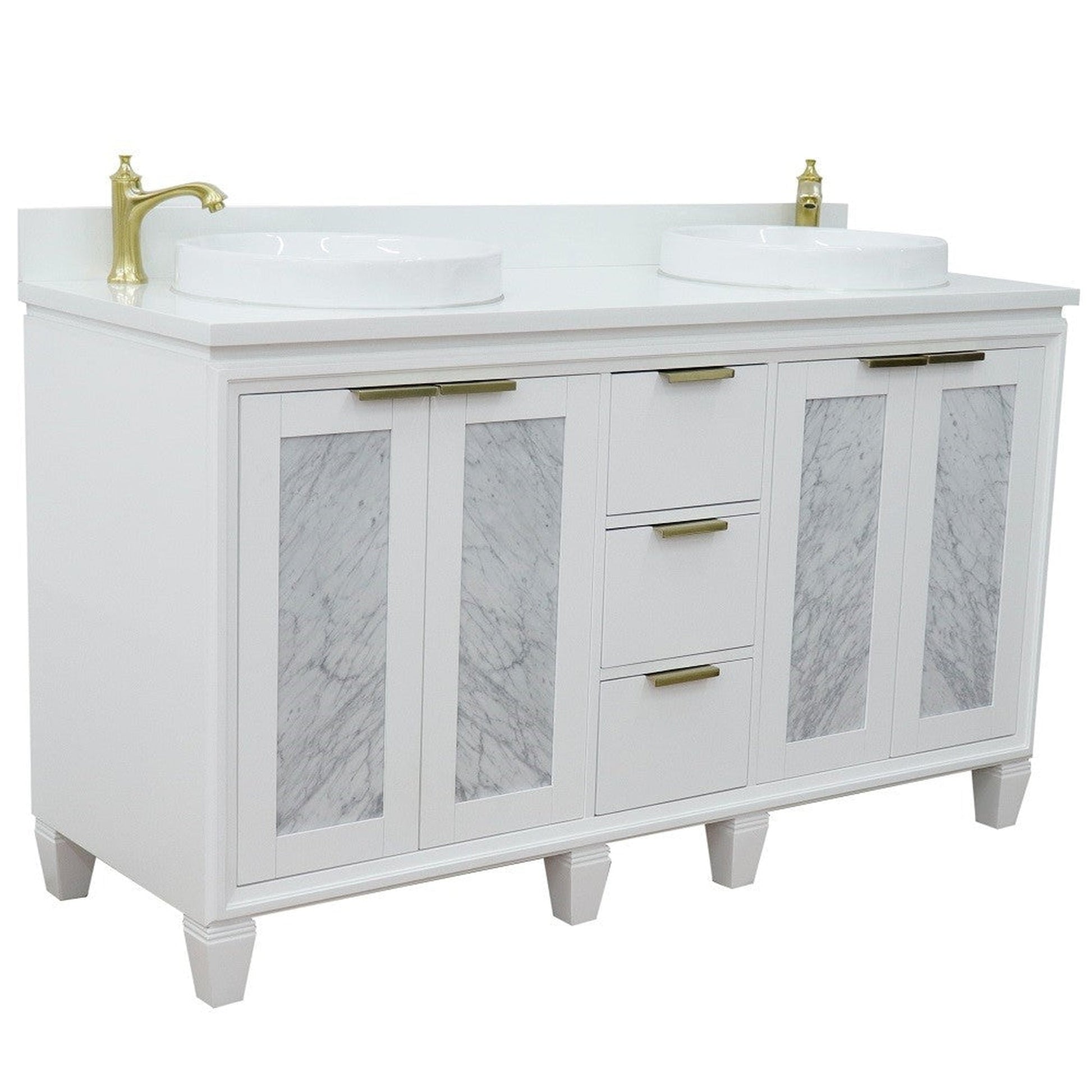 Bellaterra Home Trento 61" 4-Door 3-Drawer White Freestanding Vanity Set With Ceramic Double Vessel Sink and White Quartz Top