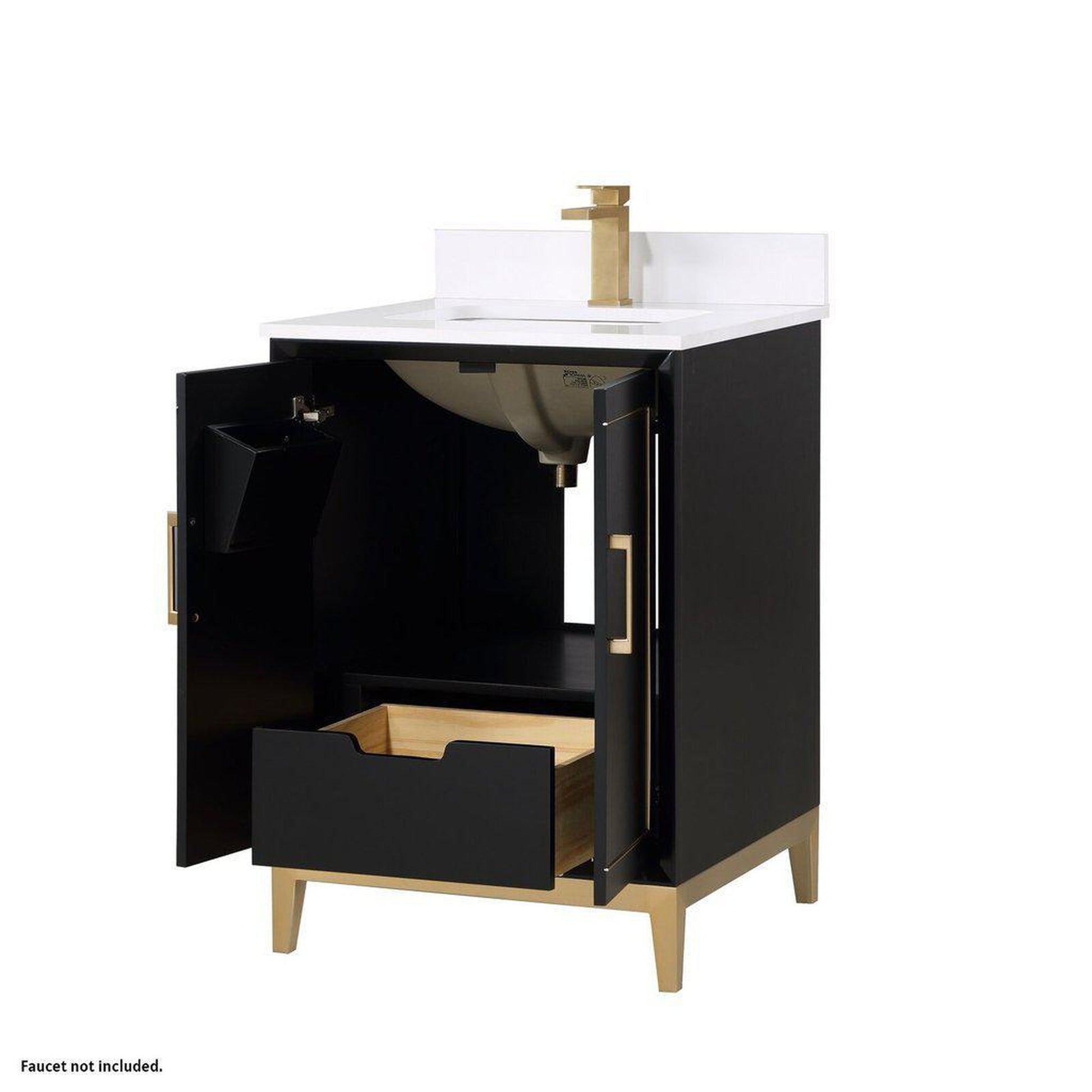 Bemma Design Gracie 24" Midnight Black Solid Wood Freestanding Bathroom Vanity With Single 1-Hole White Quartz Vanity Top, Rectangle Undermount Sink, Backsplash and Satin Brass Trim