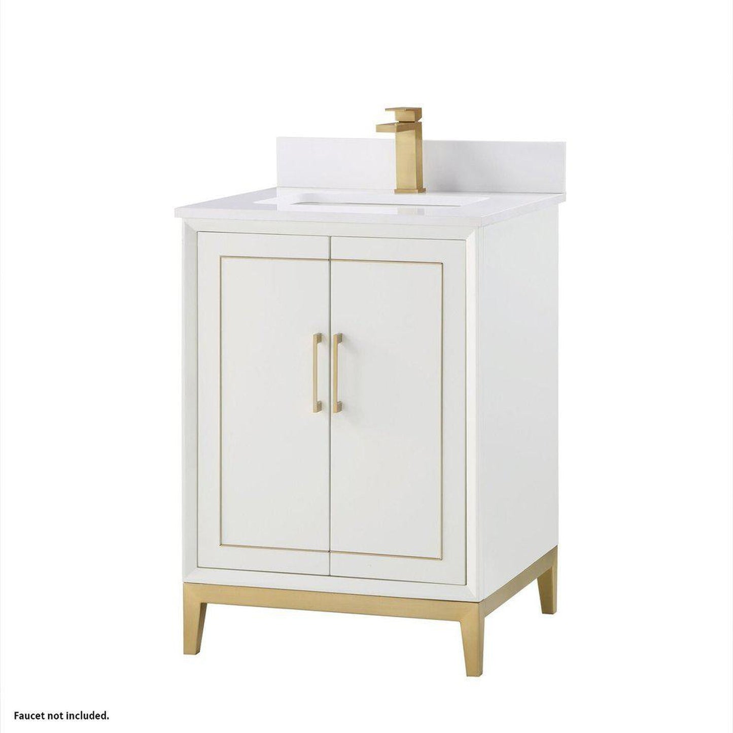 Bemma Design Gracie 24" Satin White Solid Wood Freestanding Bathroom Vanity With Single 1-Hole White Quartz Vanity Top, Rectangle Undermount Sink, Backsplash and Satin Brass Trim