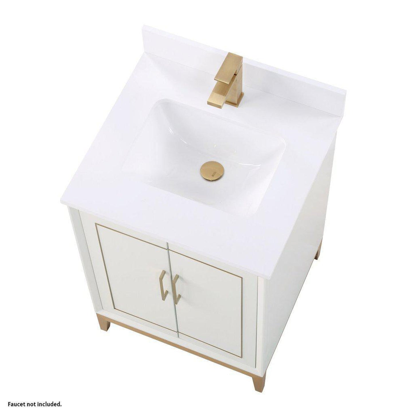 Bemma Design Gracie 24" Satin White Solid Wood Freestanding Bathroom Vanity With Single 1-Hole White Quartz Vanity Top, Rectangle Undermount Sink, Backsplash and Satin Brass Trim