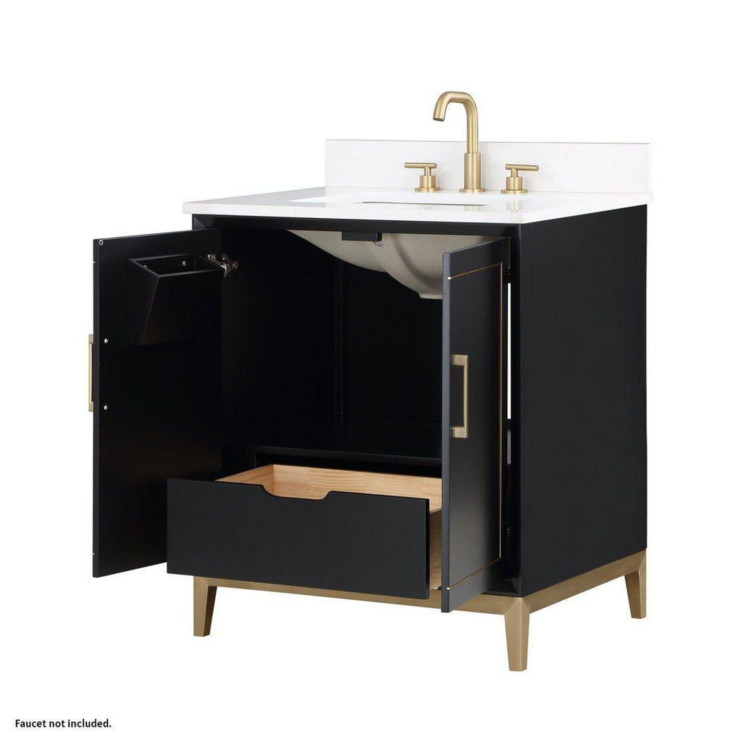 Bemma Design Gracie 30" Midnight Black Solid Wood Freestanding Bathroom Vanity With Single 3-Hole White Quartz Vanity Top, Rectangle Undermount Sink, Backsplash and Satin Brass Trim