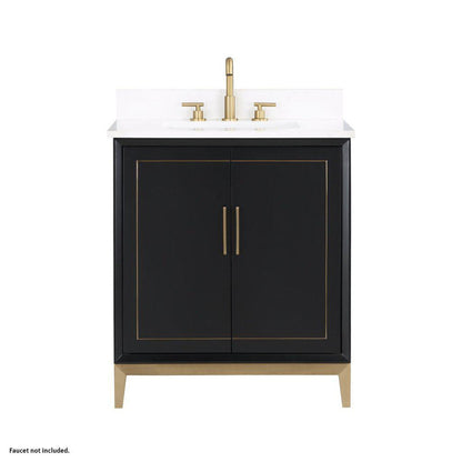 Bemma Design Gracie 30" Midnight Black Solid Wood Freestanding Bathroom Vanity With Single 3-Hole White Quartz Vanity Top, Rectangle Undermount Sink, Backsplash and Satin Brass Trim