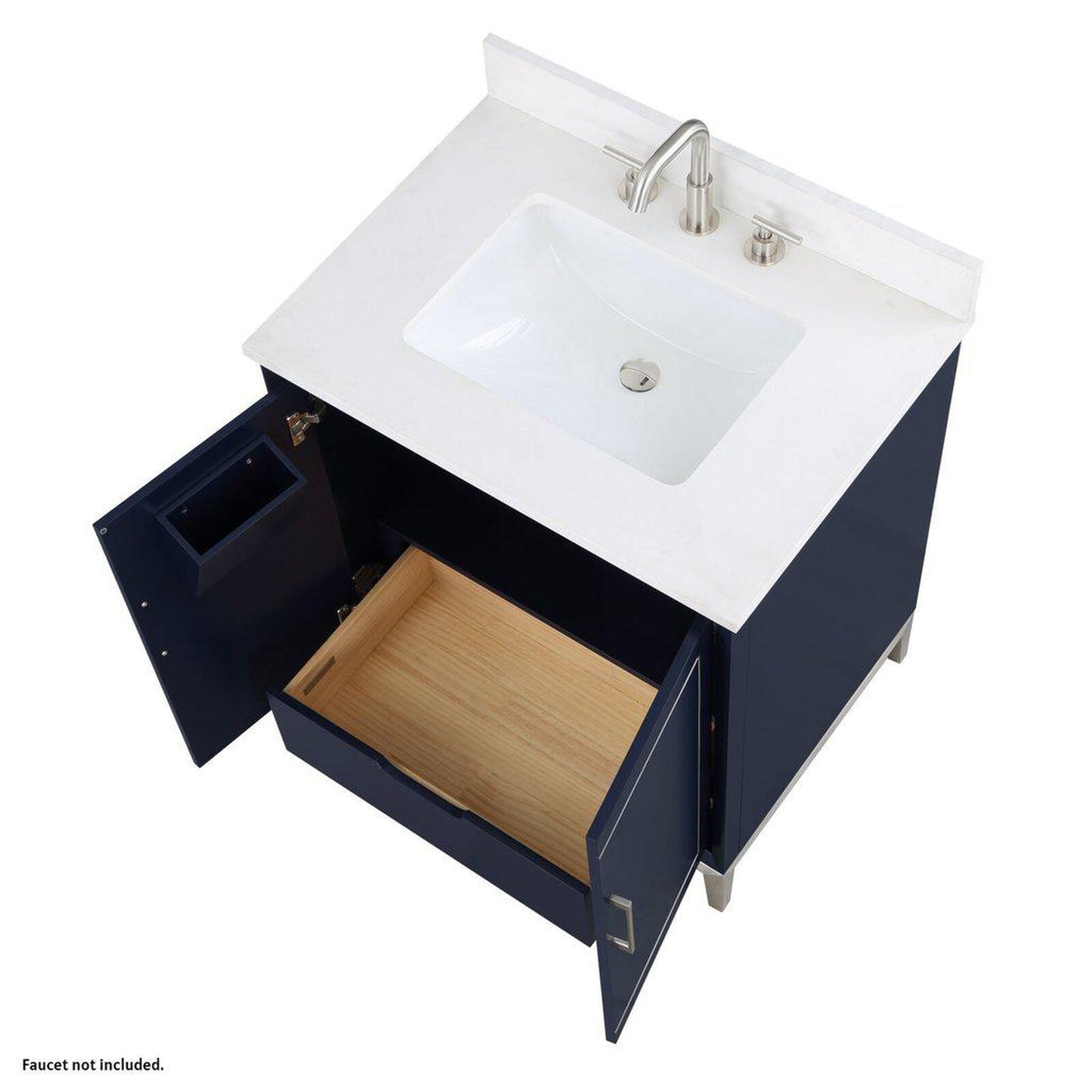 Bemma Design Gracie 30" Pacific Blue Solid Wood Freestanding Bathroom Vanity With Single 3-Hole White Quartz Vanity Top, Rectangle Undermount Sink, Backsplash and Brushed Nickel Trim