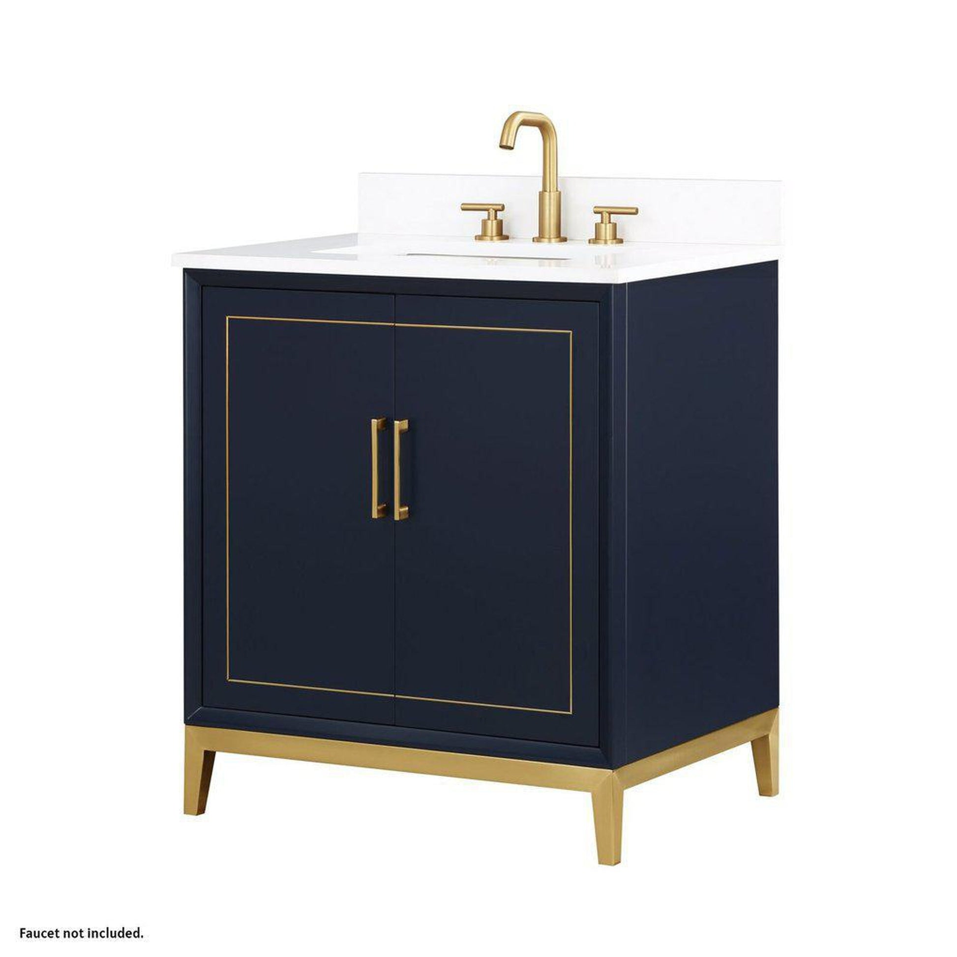 Bemma Design Gracie 30" Pacific Blue Solid Wood Freestanding Bathroom Vanity With Single 3-Hole White Quartz Vanity Top, Rectangle Undermount Sink, Backsplash and Satin Brass Trim