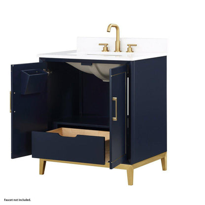 Bemma Design Gracie 30" Pacific Blue Solid Wood Freestanding Bathroom Vanity With Single 3-Hole White Quartz Vanity Top, Rectangle Undermount Sink, Backsplash and Satin Brass Trim