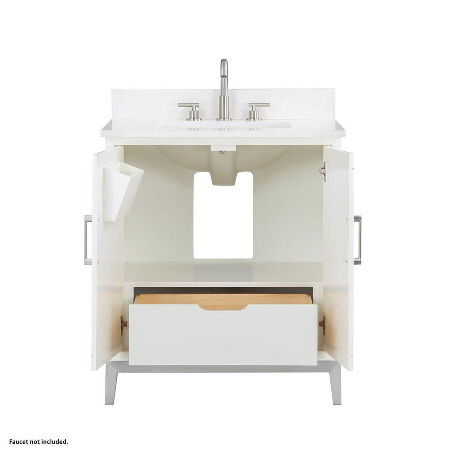 Bemma Design Gracie 30" Satin White Solid Wood Freestanding Bathroom Vanity With Single 3-Hole White Quartz Vanity Top, Rectangle Undermount Sink, Backsplash and Brushed Nickel Trim
