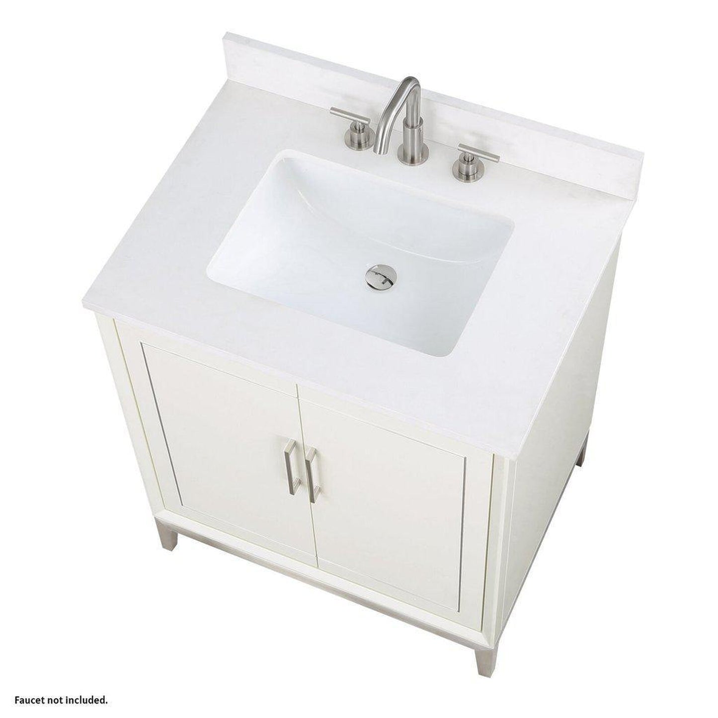 Bemma Design Gracie 30" Satin White Solid Wood Freestanding Bathroom Vanity With Single 3-Hole White Quartz Vanity Top, Rectangle Undermount Sink, Backsplash and Brushed Nickel Trim