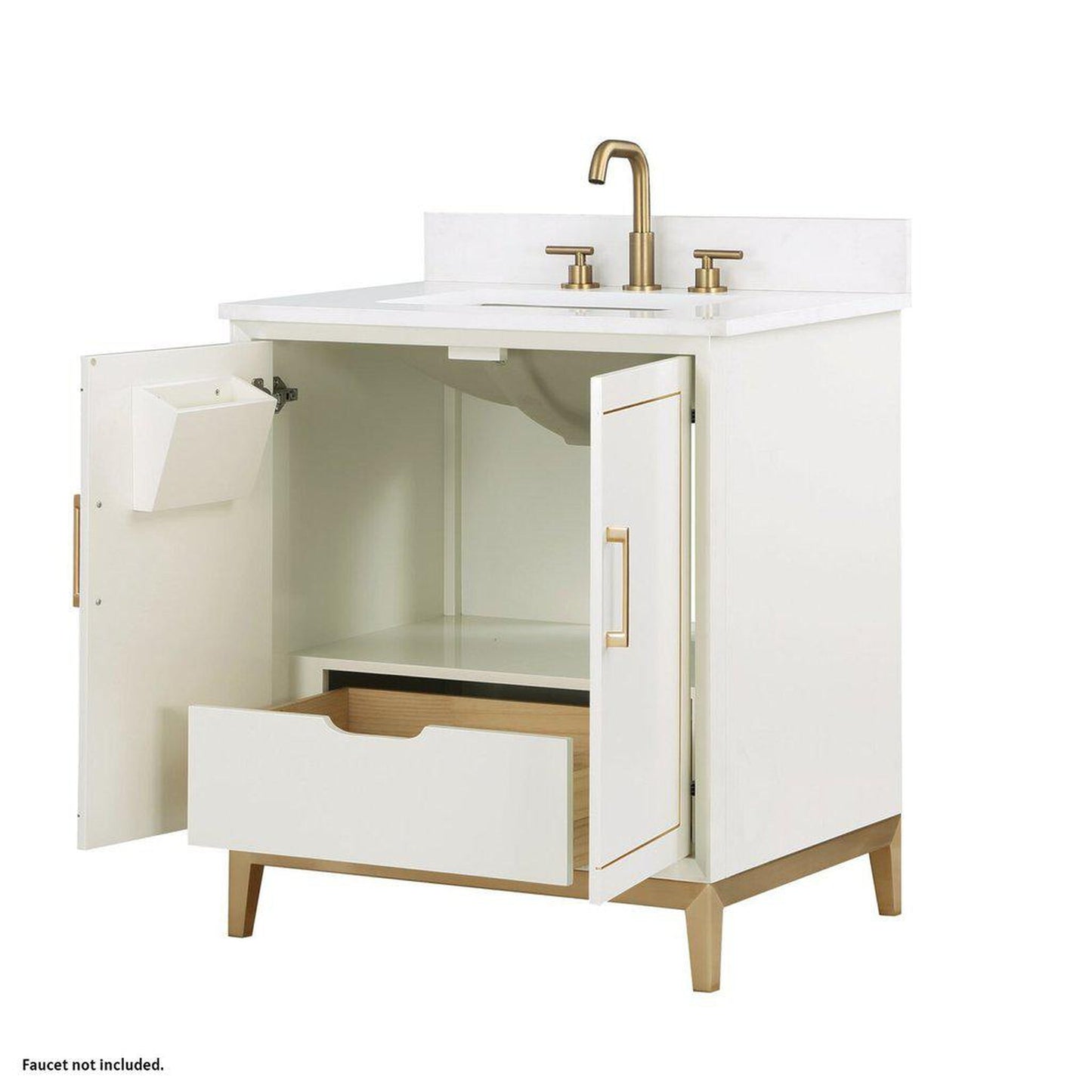 Bemma Design Gracie 30" Satin White Solid Wood Freestanding Bathroom Vanity With Single 3-Hole White Quartz Vanity Top, Rectangle Undermount Sink, Backsplash and Satin Brass Trim