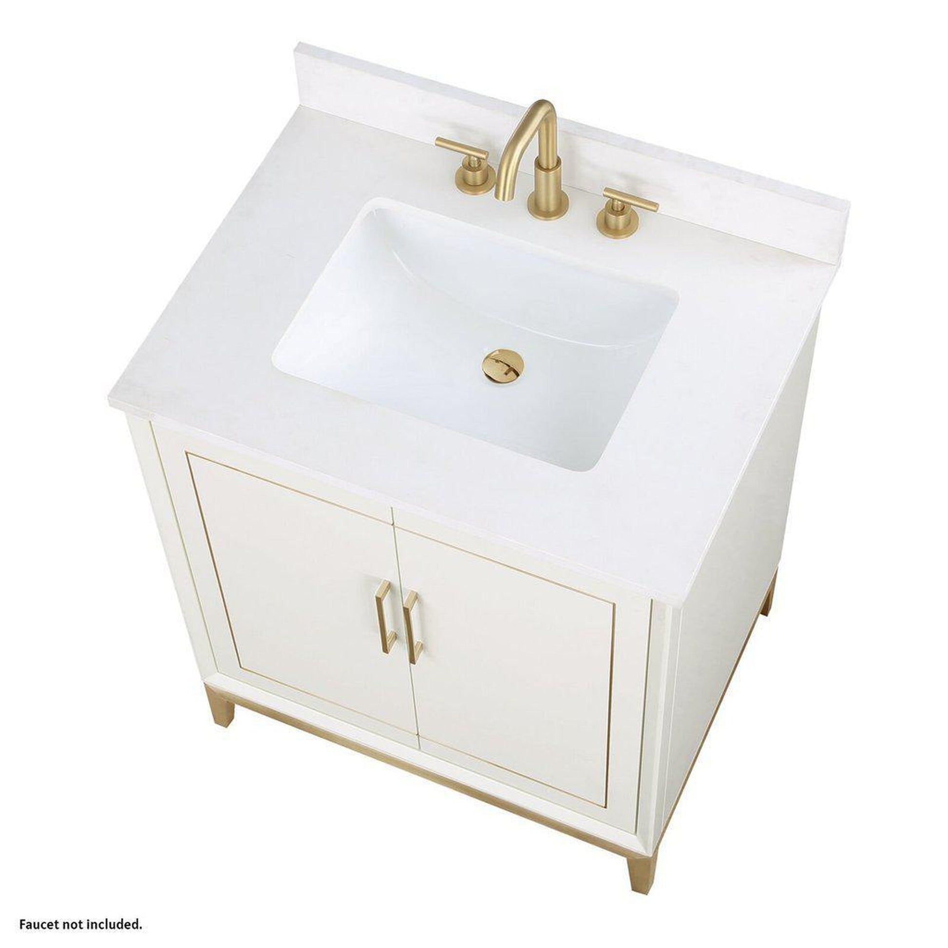 Bemma Design Gracie 30" Satin White Solid Wood Freestanding Bathroom Vanity With Single 3-Hole White Quartz Vanity Top, Rectangle Undermount Sink, Backsplash and Satin Brass Trim