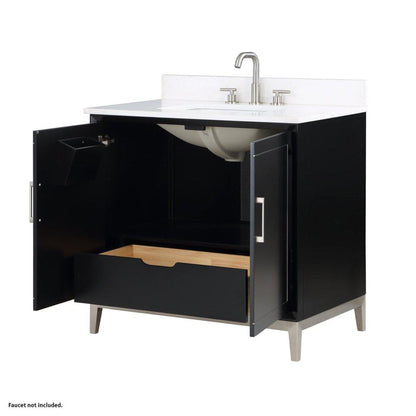 Bemma Design Gracie 36" Midnight Black Solid Wood Freestanding Bathroom Vanity With Single 3-Hole White Quartz Vanity Top, Rectangle Undermount Sink, Backsplash and Brushed Nickel Trim