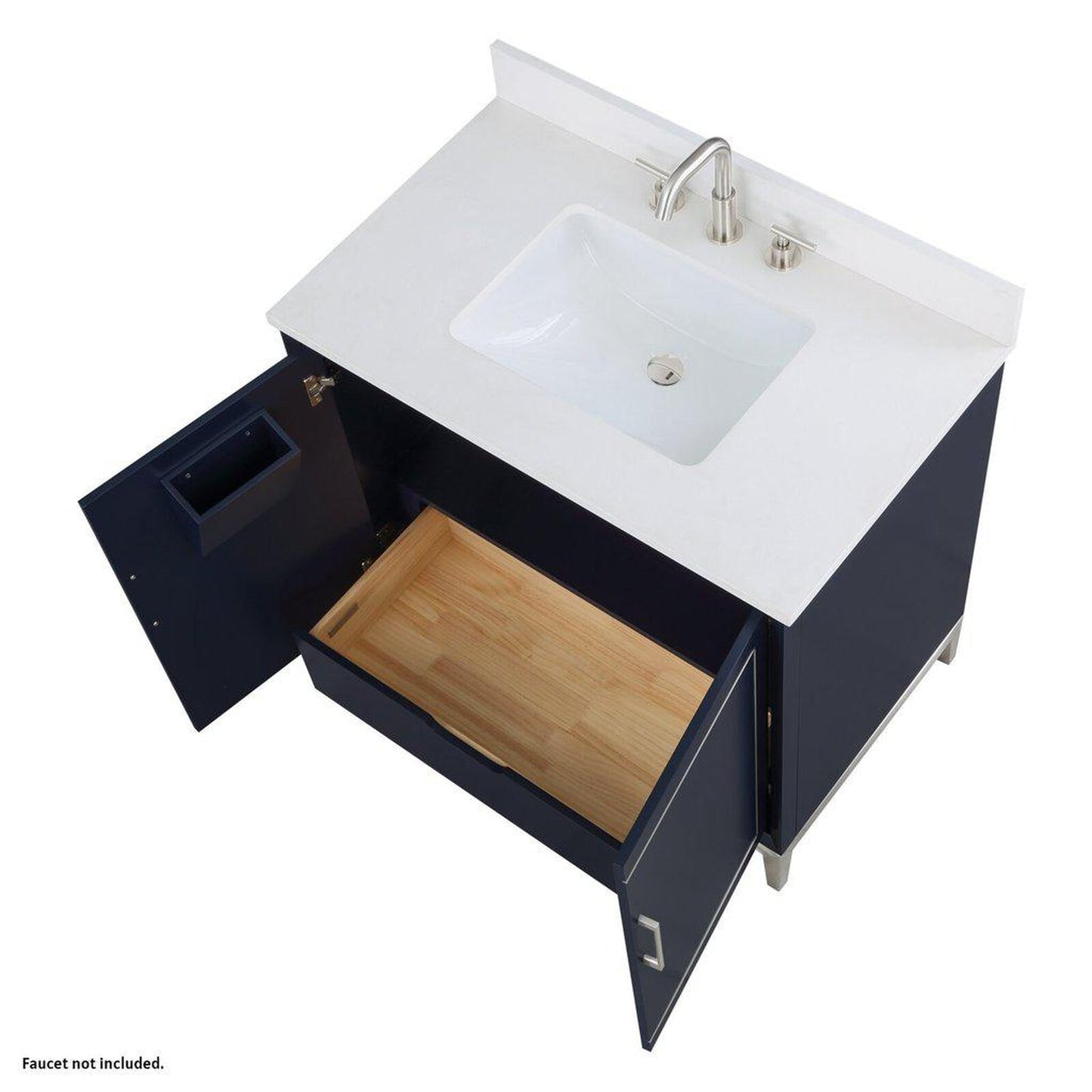Bemma Design Gracie 36" Pacific Blue Solid Wood Freestanding Bathroom Vanity With Single 3-Hole White Quartz Vanity Top, Rectangle Undermount Sink, Backsplash and Brushed Nickel Trim