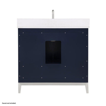 Bemma Design Gracie 36" Pacific Blue Solid Wood Freestanding Bathroom Vanity With Single 3-Hole White Quartz Vanity Top, Rectangle Undermount Sink, Backsplash and Brushed Nickel Trim