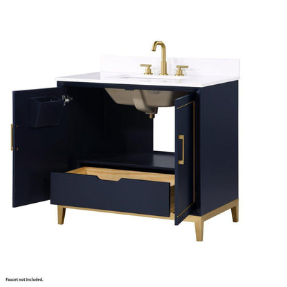 Bemma Design Gracie 36" Pacific Blue Solid Wood Freestanding Bathroom Vanity With Single 3-Hole White Quartz Vanity Top, Rectangle Undermount Sink, Backsplash and Satin Brass Trim