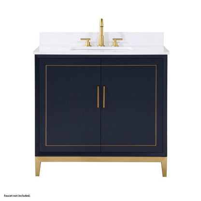 Bemma Design Gracie 36" Pacific Blue Solid Wood Freestanding Bathroom Vanity With Single 3-Hole White Quartz Vanity Top, Rectangle Undermount Sink, Backsplash and Satin Brass Trim